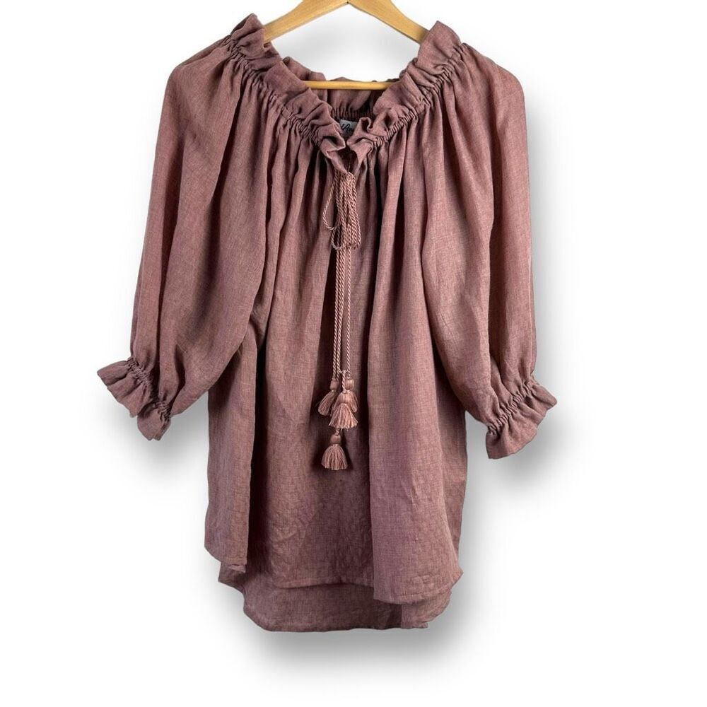 And Andrea Women's L/XL Smock Neck Peasant Blouse Natural Brown Tunic Lagenlook